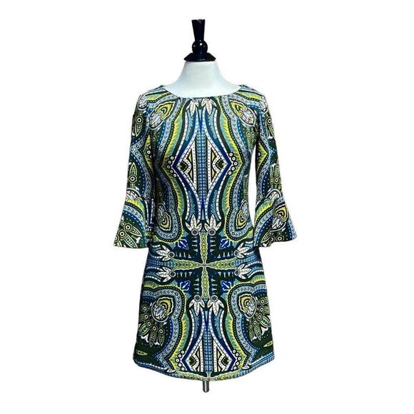 New York & Company Olive Print Bell Sleeve Dress Size Small - Picture 1 of 7